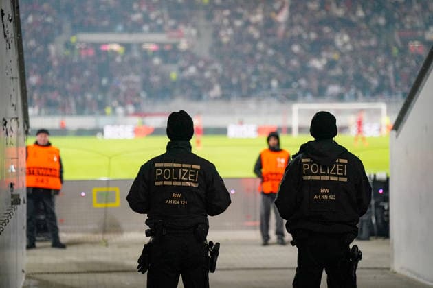 Football UEFA Europa League 2025 26, 7 Matchday SC Freiburg vs Maccabi Tel Aviv Europa Park Stadium Freiburg Police forces of the Baden-Württemberg state police secure the interior and the spectator stands during the UEFA Europa League match between SC Freiburg and Maccabi Tel Aviv at Europa Park Stadium Increased security measures and a visible police presence characterize the stadium environment during the international match Copyright: xJOERANxSTEINSIEKx