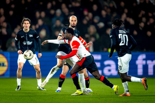 SC Feyenoord Rotterdam defender Jordan Lotomba, SK Sturm Graz midfielder Jon Gorenc Stankovic during the match SC Feyenoord Rotterdam vs SK Sturm Graz at the for the Europa League League phase Matchday 7 season 2025 2026 in ROTTERDAM, Netherlands on 22 january 2026, photo by Marcel van Dorst EYE4images DeFodi Images
