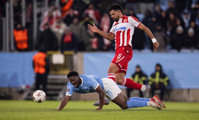 Crvena Zvezdas Rodrigao and Malmös Emmanuel Ekong during Thursdays Uefa Europa League football match between Malmö FF and Crvena Zvezda at Eleda Stadium in Malmö, Sweden, January 22, 2026 MALMÖ SWEDEN x10600x  Copyright: xAndreasxHillergren TTx UEFA EUROPA LEAGUE MALMÖ FF - CRVENA ZVEZDA