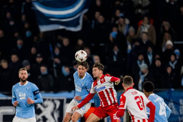 260122 Kenan Busuladzic of Malmö FF and Vasilije Kostov of Crvena Zvezda during the UEFA Europa League football match between Malmö FF and Crvena Zvezda on January 22, 2026 in Malmö Photo Petter Arvidson BILDBYRAN kod PA PA1132 fotboll football soccer fotball uefa europa league europa league malmö ff crvena zvezda bbeng röda stjärnan  Copyright: PETTERxARVIDSON BB260122PA140