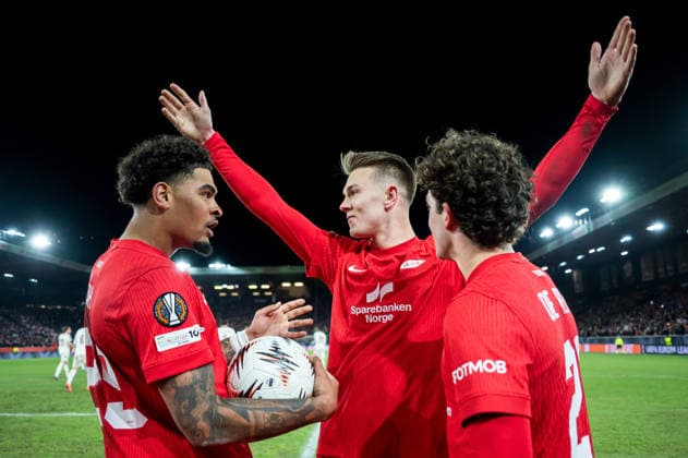 260122 Emil Kornvig of Brann celebrates after scoring 2 2 during the UEFA Europa League football match between Brann and Midtjylland on January 22, 2026 in Bergen Photo Marius Simensen BILDBYRAN COP 238 MM0054 bbeng fotboll football soccer fotball uefa europa league brann midtjylland jubel  Copyright: MARIUSxSIMENSEN BB260122ZF022