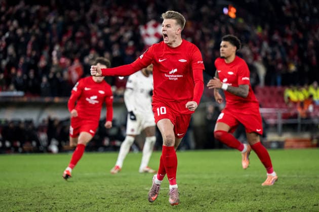 260122 Emil Kornvig of Brann celebrates after scoring 2 2 during the UEFA Europa League football match between Brann and Midtjylland on January 22, 2026 in Bergen Photo Marius Simensen BILDBYRAN COP 238 MM0054 bbeng fotboll football soccer fotball uefa europa league brann midtjylland jubel  Copyright: MARIUSxSIMENSEN BB260122ZN033