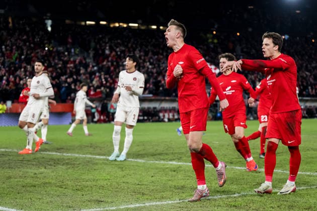 260122 Emil Kornvig of Brann celebrates after scoring 2 2 during the UEFA Europa League football match between Brann and Midtjylland on January 22, 2026 in Bergen Photo Marius Simensen BILDBYRAN COP 238 MM0054 bbeng fotboll football soccer fotball uefa europa league brann midtjylland jubel  Copyright: MARIUSxSIMENSEN BB260122ZT018