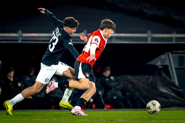 SK Sturm Graz midfielder Arjan Malic, SC Feyenoord Rotterdam forwarder Leo Sauer during the match SC Feyenoord Rotterdam vs SK Sturm Graz at the for the Europa League phase Matchday 7 season 2025 2026 in ROTTERDAM, Netherlands on 22 january 2026, photo by Marcel van Dorst EYE4images DeFodi Images