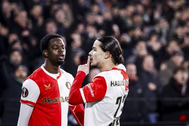 ROTTERDAM (l-r) Jordan Lotomba of Feyenoord and Anis Hadj Moussa of Feyenoord celebrate the 2-0 goal during the UEFA Europa League match between Feyenoord and SK Sturm Graz at Feyenoord Stadion de Kuip on January 22, 2026, in Rotterdam, Netherlands. BAS CZERWINSKI ANP UEFA Europa League 2025 26 League Phase MD7 2025-2026 xVIxANPxSportx xxANPxIVx 548261349 originalFilename: 548261349.jpg