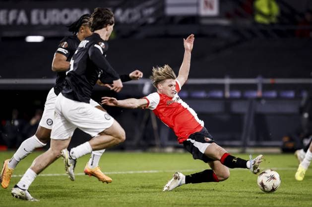 ROTTERDAM (l-r) Maurice Malone of Sturm Graz, Tim Oermann of Sturm Graz, and Sem Steijn of Feyenoord during the UEFA Europa League match between Feyenoord and SK Sturm Graz at Feyenoord Stadion de Kuip on January 22, 2026, in Rotterdam, Netherlands. BAS CZERWINSKI ANP UEFA Europa League 2025 26 League Phase MD7 2025-2026 xVIxANPxSportx xxANPxIVx 548261381 originalFilename: 548261381.jpg