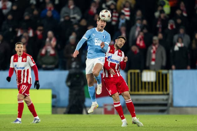 260122 Lasse Berg Johnsen of Malmö FF and Timi Max Elsnik of Crvena Zvezda during the UEFA Europa League football match between Malmö FF and Crvena Zvezda on January 22, 2026 in Malmö Photo Petter Arvidson BILDBYRAN kod PA PA1132 fotboll football soccer fotball uefa europa league europa league malmö ff crvena zvezda bbeng röda stjärnan  Copyright: PETTERxARVIDSON BB260122PA155