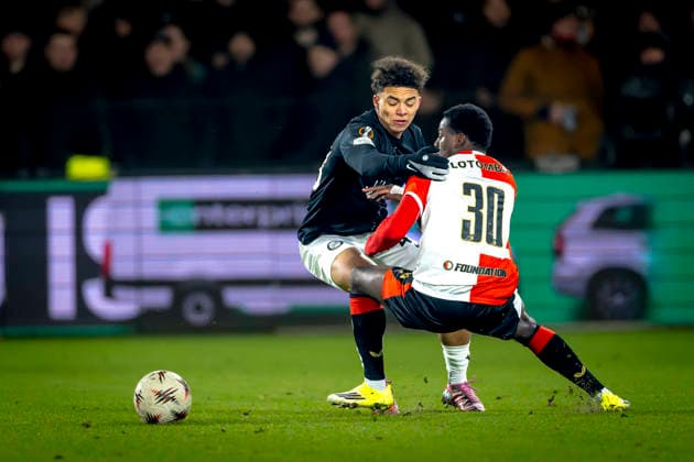 SK Sturm Graz midfielder Jacob Hodi, SC Feyenoord Rotterdam defender Jordan Lotomba during the match SC Feyenoord Rotterdam vs SK Sturm Graz at the for the Europa League League phase Matchday 7 season 2025 2026 in ROTTERDAM, Netherlands on 22 january 2026, photo by Marcel van Dorst EYE4images DeFodi Images