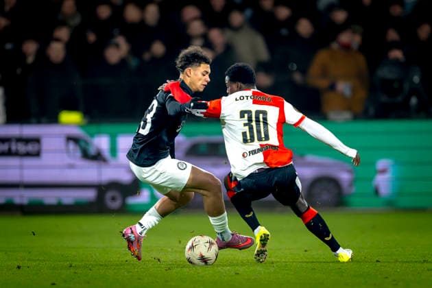 SK Sturm Graz midfielder Jacob Hodi, SC Feyenoord Rotterdam defender Jordan Lotomba during the match SC Feyenoord Rotterdam vs SK Sturm Graz at the for the Europa League League phase Matchday 7 season 2025 2026 in ROTTERDAM, Netherlands on 22 january 2026, photo by Marcel van Dorst EYE4images DeFodi Images