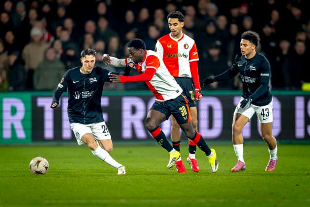 SK Sturm Graz defender Sebastian Pirker, SC Feyenoord Rotterdam defender Jordan Lotomba during the match SC Feyenoord Rotterdam vs SK Sturm Graz at the for the Europa League phase Matchday 7 season 2025 2026 in ROTTERDAM, Netherlands on 22 january 2026, photo by Marcel van Dorst EYE4images DeFodi Images