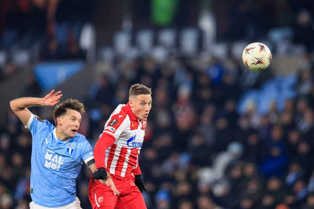 Malmös Colin Rösler and Crvena Zvezdas Bruno Duarte during Thursdays Uefa Europa League football match between Malmö FF and Crvena Zvezda at Eleda Stadium in Malmö, Sweden, January 22, 2026 MALMÖ SWEDEN x10600x  Copyright: xAndreasxHillergren TTx UEFA EUROPA LEAGUE MALMÖ FF - CRVENA ZVEZDA
