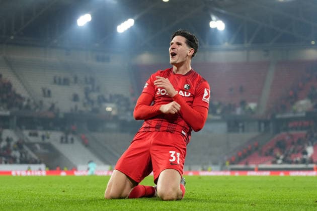 Igor Matanovic SC Freiburg, 31 goal celebration, emotions, goal shot, goal, goal, goal, Germany, football, UEFA Europa League, matchday 7, league phase, 2025 2026, SC Freiburg vs Maccabi Tel Aviv, 22 01 2026, Europa Park Stadion, Freiburg, Germany Freiburg Europa Park Stadion Baden Württemberg Germany Copyright: xArnexAmbergx