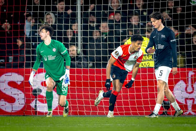 SC Feyenoord Rotterdam forwarder Goncalo Borges scores the 3 0 and celebrating the goal during the match SC Feyenoord Rotterdam vs SK Sturm Graz at the for the Europa League League phase Matchday 7 season 2025 2026 in ROTTERDAM, Netherlands on 22 january 2026, photo by Marcel van Dorst EYE4images DeFodi Images