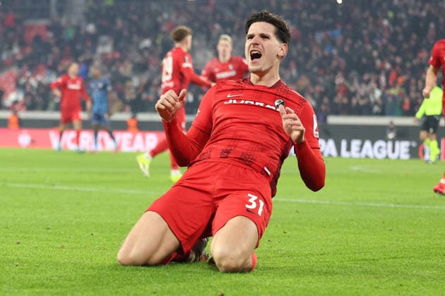 22 01 2026, xrekx, Football UEFA Europa League, SC Freiburg Maccabi Tel Aviv v l Torjubel nach dem Tor zum celebrating the goal celebrate 1 0 durch Igor Matanovic SC Freiburg DFL DFB REGULATIONS PROHIBIT ANY USE OF PHOTOGRAPHS as IMAGE SEQUENCES and or QUASI VIDEO Freiburg