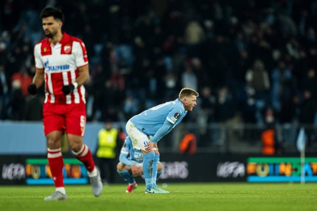 260122 Anders Christiansen of Malmö FF looks dejected after the UEFA Europa League football match between Malmö FF and Crvena Zvezda on January 22, 2026 in Malmö fotboll football soccer fotball uefa europa league europa league malmö ff crvena zvezda bbeng röda stjärnan bbauto depp  Copyright: PETTERxARVIDSON BB260122PA158