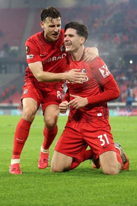 22 01 2026, xrekx, Football UEFA Europa League, SC Freiburg Maccabi Tel Aviv v l Goal celebration after the goal to celebrate the goal celebrate 1 0 by Igor Matanovic SC Freiburg with Maximilian Eggestein SC Freiburg DFL DFB REGULATIONS PROHIBIT ANY USE OF PHOTOGRAPHS as IMAGE SEQUENCES and or QUASI VIDEO Freiburg