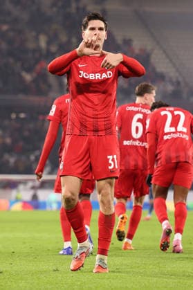 22 01 2026, xrekx, Football UEFA Europa League, SC Freiburg Maccabi Tel Aviv v l Torjubel nach dem Tor zum celebrating the goal celebrate 1 0 durch Igor Matanovic SC Freiburg DFL DFB REGULATIONS PROHIBIT ANY USE OF PHOTOGRAPHS as IMAGE SEQUENCES and or QUASI VIDEO Freiburg