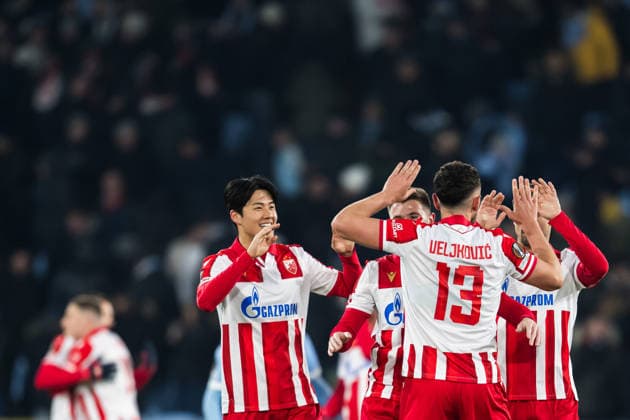 260122 Players of Crvena Zvezda celebrate after the UEFA Europa League football match between Malmö FF and Crvena Zvezda on January 22, 2026 in Malmö Photo Petter Arvidson BILDBYRAN kod PA PA1132 fotboll football soccer fotball uefa europa league europa league malmö ff crvena zvezda bbeng röda stjärnan jubel  Copyright: PETTERxARVIDSON BB260122PA168