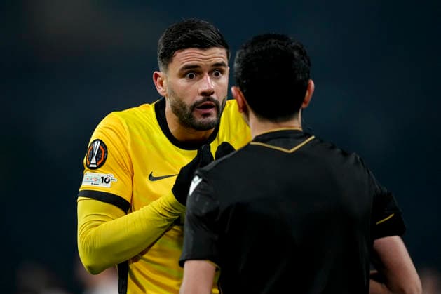Switzerland UEFA Europa League 2025 26, BSC Young Boys vs Olympique Lyonnais Stadion Wankdorf, Bern Loris Benito 23 Young Boys after receiving a yellow card from referee Aliyar Aghayev Bern Stadion Wankdorf Bern Switzerland Copyright: xKjetilxWaberx