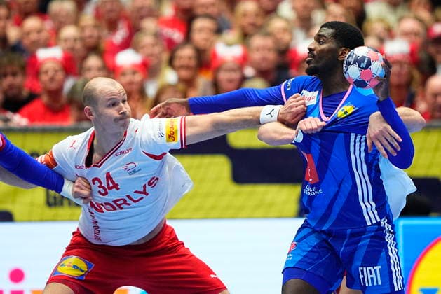 Men s European Handball Championship Denmark France France s Dika Mem and Denmark s Simon Hald during the EHF Euro 2026 Main Round Men s European Handball Championship match between Denmark and France at Jyske Bank Boxen in Herning, Thursday, January 22, 2026 Photo Bo Amstrup Scanpix 2026 , Herning Denmark  Copyright: BoxAmstrupx spdk20260122-203819-L