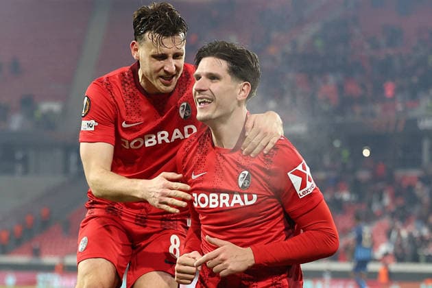 22 01 2026, xrekx, Football UEFA Europa League, SC Freiburg Maccabi Tel Aviv v l Goal celebration after the goal to celebrate the goal celebrate 1 0 by Igor Matanovic SC Freiburg with Maximilian Eggestein SC Freiburg DFL DFB REGULATIONS PROHIBIT ANY USE OF PHOTOGRAPHS as IMAGE SEQUENCES and or QUASI VIDEO Freiburg