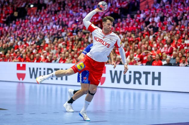 22 01 2026, Handball, Men s EHF EURO 2026, France Denmark, Jyske Bank Boxen in Herning, Denmark, Main Round Emil Jakobsen Denmark 07 Denmark