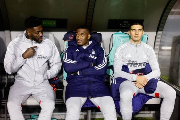 Callum Hudson-Odoi of Nottingham Forest (centre) with team mates on the substitutes bench Braga v Nottingham Forest, UEFA Europa League, Group Stage, Football, Braga Municipal Stadium, Braga, Portugal - 22 Jan 2026Braga Braga Municipal Stadium Portugal EDITORIAL USE ONLY No use with unauthorised audio, video, data, fixture lists, club league logos or live services. Online in-match use limited to 120 images, no video emulation. No use in betting, games or single club league player publications. Copyright: xRubenxAlbarran Shutterstockx 16348423j