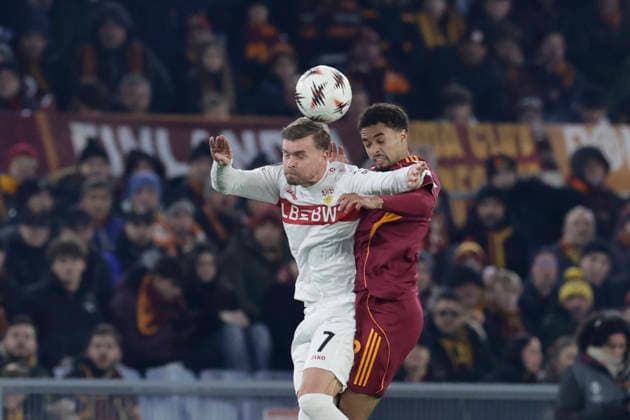 UEFA Europa League phase match day 7 AS Roma vs VfB Stuttgart Roma™s Dutch defender Devyne Rensch challenges for the ball with Stuttgart s German defender Maximilian Mittelstadt during UEFA Europa League phase match day 7 between AS Roma vs VfB Stuttgart at Olimpico stadium on November 22, 2026 in Rome, Italy. _BPH9522 Copyright: xAntonioxBalascox