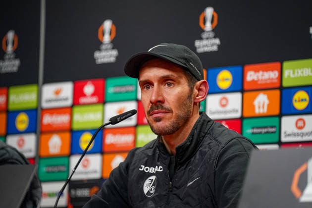Football UEFA Europa League 2025 26, Matchday 7 SC Freiburg vs Maccabi Tel Aviv Europa Park Stadion Freiburg Julian Schuster SC Freiburg, Coach Press conference, Media Copyright: xJOERANxSTEINSIEKx