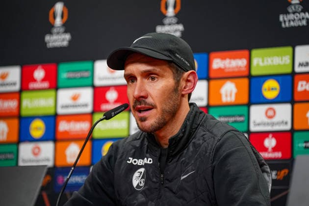 Football UEFA Europa League 2025 26, Matchday 7 SC Freiburg vs Maccabi Tel Aviv Europa Park Stadion Freiburg Julian Schuster SC Freiburg, Coach Press conference, Media Copyright: xJOERANxSTEINSIEKx