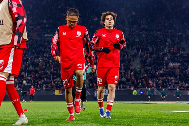 2026-01-22 FC Utrecht v KRC Genk - UEFA Europa League, League phase, MD7 UTRECHT, NETHERLANDS - JANUARY 22: Alonzo Engwanda of FC Utrecht, Miguel Rodriguez of FC Utrecht during the UEFA Europa League, League phase, MD7 match between FC Utrecht and KRC Genk at Stadion Galgenwaard on January 22, 2026 in Utrecht, Netherlands. Utrecht Stadion Galgenwaard Netherlands Content not available for redistribution in The Netherlands directly or indirectly through any third parties. Copyright: xBenxGalx