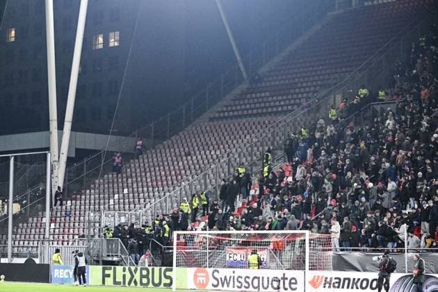 An empty away section is pictured ahead of a soccer game between Dutch soccer club FC Utrecht and Belgian KRC Genk, on Thursday 22 January 2026 in Utrecht, Netherlands, the seventh game (out of 8) in the league phase of the UEFA Europa League competition. TOM GOYVAERTS TomxGoyvaerts  x157809205x