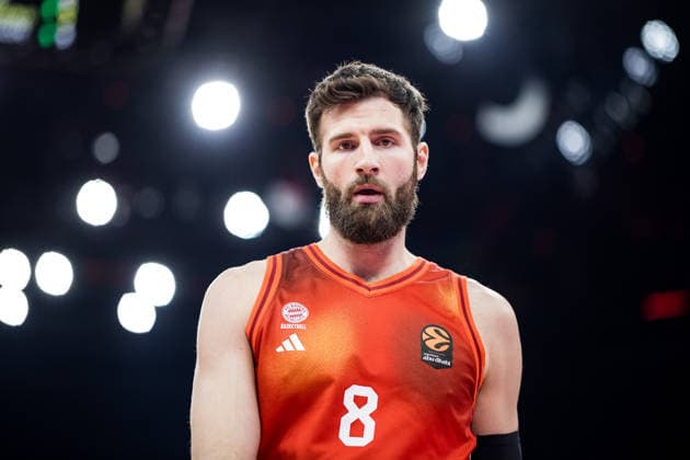 MUNICH, GERMANY - JANUARY 22: Leon Kratzer (FC Bayern Muenchen, 8) during the Turkish Airlines EuroLeague match between FC Bayern Muenchen vs. Valencia Basket at SAP Garden on round 24 of Turkish Airlines EuroLeague on January 22, 2026 in Munich, Germany. Bavaria Germany Copyright: xSteffiexWunderlx