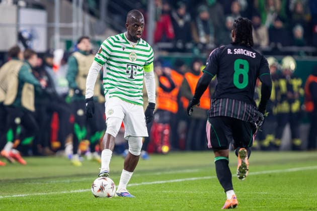 FERENCVAROS - PANATHINAIKOS Bamidele Yusuf of Ferencvaros and Renato Sanches of Panathinaikos during the league phase of UEFA Europa league football match between Ferencvarosi TC and Panathinaikos FC. Groupama Arena, Ferencvaros Arena, Budapest, Hungary, January 22, 2026. Photo by Branislav Racko Copyright: xx 080A6466