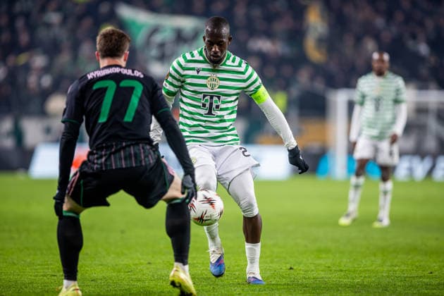 FERENCVAROS - PANATHINAIKOS Ibrahim Cisse of Ferencvaros and Giorgos Kiriakopoulos of Panathinaikos during the league phase of UEFA Europa league football match between Ferencvarosi TC and Panathinaikos FC. Groupama Arena, Ferencvaros Arena, Budapest, Hungary, January 22, 2026. Photo by Branislav Racko Copyright: xx 080A6508