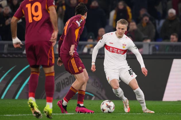 Chris Führich of Stuttgart in action during the UEFA Europa League 2025 2026 football match between AS Roma and Vfb Stuttgart at Stadio Olimpico in Rome (Italy), January 22, 2026. AndreaxStaccioli