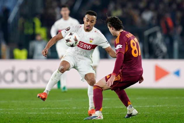Jamie Leweling (VfB Stuttgart) and Daniele Ghiraldi (AS Roma) battle for the ball, UEFA Europa League 2025 26 League Phase MD7, AS Roma v VfB Stuttgart, Olimpico Stadium, January 22, 2026, Rome, Italy.