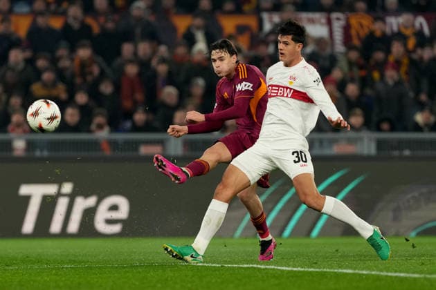 Niccolo Pisilli of AS Roma scores the goal of 1-0 during the UEFA Europa League 2025 2026 football match between AS Roma and Vfb Stuttgart at Stadio Olimpico in Rome (Italy), January 22, 2026. antoniettaxbaldassarre