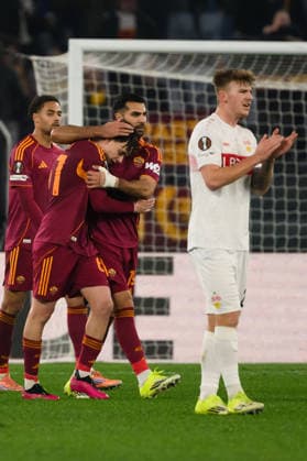 Niccolo Pisilli of AS Roma celebrates with team mates after scoring the goal of 1-0 during the UEFA Europa League 2025 2026 football match between AS Roma and Vfb Stuttgart at Stadio Olimpico in Rome (Italy), January 22, 2026. AndreaxStaccioli