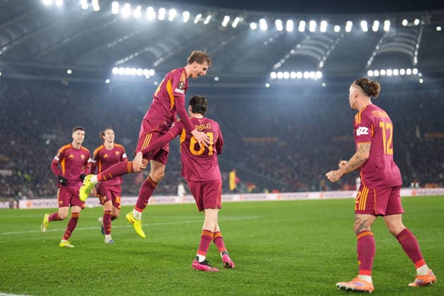 Roma™s Niccolo Pisilli celebrates after scoring during the Uefa Europa League soccer match between Roma and VFB Stuttgart at the Olympic Stadium in Rome, Italy - Thursday, January 22, 2026. - Soccer .  Copyright: xAlfredoxFalcone LaPressex