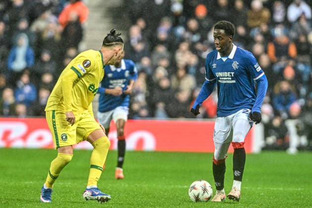 Rangers v Ludogorets Razgrad UEFA Europa League Djeidi Gassama of Rangers and Francisco Javier Son of Ludogorets Razgrad during the UEFA Europa League match at Ibrox Stadium, Glasgow 22 01 2026 UK Newspapers OUT Copyright: xJamiexJohnstonx FIL-22851-0028