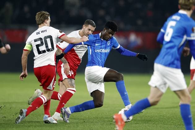 UTRECHT - (l-r) Dani de Wit of FC Utrecht, Mike Eerdhuijzen of FC Utrecht, Aaron Bibout of KRC Genk during the UEFA Europa League match between FC Utrecht and KRC Genk at the Galgenwaard Stadium on January 22, 2026, in Utrecht, Netherlands. ROBIN VAN LONKHUIJSEN ANP UEFA Europa League 2025 26 League Phase MD7 2025-2026 xVIxANPxSportx xxANPxIVx 548270172 originalFilename: 548270172.jpg