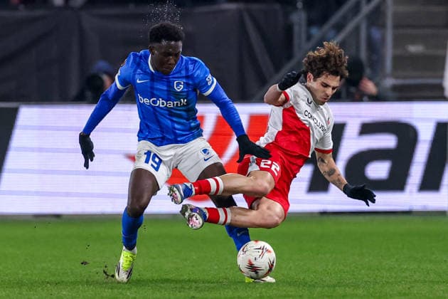 2026-01-22 FC Utrecht v KRC Genk - UEFA Europa League, League phase, MD7 UTRECHT, NETHERLANDS - JANUARY 22: Yaimar Medina of KRC Genk, Miguel Rodriguez of FC Utrecht during the UEFA Europa League, League phase, MD7 match between FC Utrecht and KRC Genk at Stadion Galgenwaard on January 22, 2026 in Utrecht, Netherlands. Utrecht Stadion Galgenwaard Netherlands Content not available for redistribution in The Netherlands directly or indirectly through any third parties. Copyright: xBenxGalx
