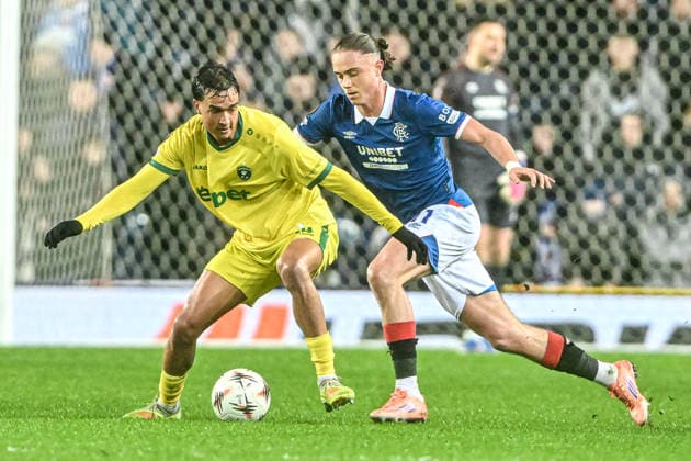 Rangers v Ludogorets Razgrad UEFA Europa League Thelo Aasgaard of Rangers and Petar Stanic of Ludogorets Razgrad during the UEFA Europa League match at Ibrox Stadium, Glasgow 22 01 2026 UK Newspapers OUT Copyright: xJamiexJohnstonx FIL-22851-0031