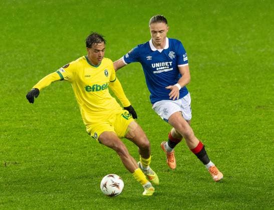 Thelo Aasgaard of Rangers in action with Petar Stanic of Ludogorats during UEFA Europa League league phase match at Ibrox Stadium, Glasgow. Rangers v Ludogorats - UEFA Europa League - League Phase - Ibrox Stadium, Glasgow, Lanarkshire, Scotland, UK - 22 Jan 2026Glasgow Ibrox Stadium Lanarkshire, Scotland United Kingdom EDITORIAL USE ONLY  Copyright: xRangersxFC Shutterstockx 16394122e