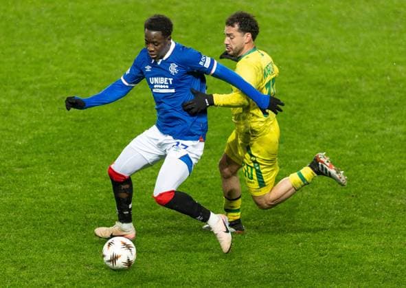 Djeidi Gassama of Rangers in action with Matheus Machado of Ludogorats during UEFA Europa League league phase match at Ibrox Stadium, Glasgow. Rangers v Ludogorats - UEFA Europa League - League Phase - Ibrox Stadium, Glasgow, Lanarkshire, Scotland, UK - 22 Jan 2026Glasgow Ibrox Stadium Lanarkshire, Scotland United Kingdom EDITORIAL USE ONLY  Copyright: xRangersxFC Shutterstockx 16394122h