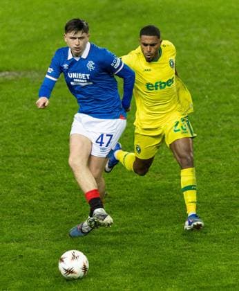 Mikey Moore of Rangers in action with Deroy Duarte of Ludogorats during UEFA Europa League league phase match at Ibrox Stadium, Glasgow. Rangers v Ludogorats - UEFA Europa League - League Phase - Ibrox Stadium, Glasgow, Lanarkshire, Scotland, UK - 22 Jan 2026Glasgow Ibrox Stadium Lanarkshire, Scotland United Kingdom EDITORIAL USE ONLY  Copyright: xRangersxFC Shutterstockx 16394122p