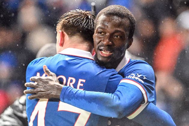 Rangers v Ludogorets Razgrad UEFA Europa League Mohammed Diomande of Rangers scores his sides first goal of the match and celebrates his goal with Mikey Moore during the UEFA Europa League match at Ibrox Stadium, Glasgow 22 01 2026 UK Newspapers OUT Copyright: xJamiexJohnstonx FIL-22851-0033