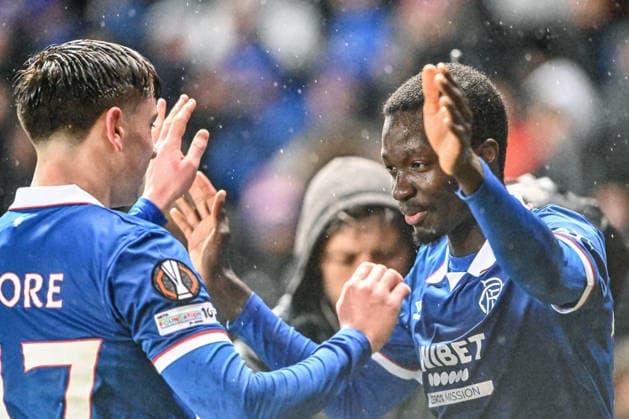 Rangers v Ludogorets Razgrad UEFA Europa League Mohammed Diomande of Rangers scores his sides first goal of the match and celebrates his goal with Mikey Moore during the UEFA Europa League match at Ibrox Stadium, Glasgow 22 01 2026 UK Newspapers OUT Copyright: xJamiexJohnstonx FIL-22851-0034
