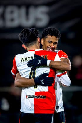 SC Feyenoord Rotterdam defender Tsuyoshi Watanabe, SC Feyenoord Rotterdam forwarder Goncalo Borges celebrating the goal during the match SC Feyenoord Rotterdam vs SK Sturm Graz at the for the Europa League League phase Matchday 7 season 2025 2026 in ROTTERDAM, Netherlands on 22 january 2026, photo by Marcel van Dorst EYE4images DeFodi Images